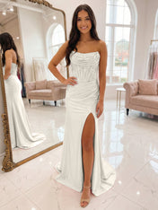 Romantic Pink Satin Corset Slit Prom Dress with Beaded Bodice