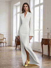 Yellow Long Bell Sleeve Mermaid Evening Gown with Asymmetric V-Neck Formal Dresses