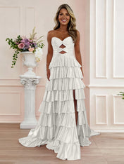 A Line Strapless Sweetheart Satin Prom Dress with Keyhole