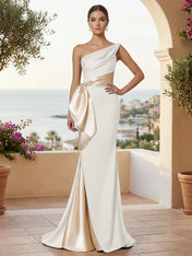 One Shoulder Mermaid Satin Pleat Evening Dresses with Bow
