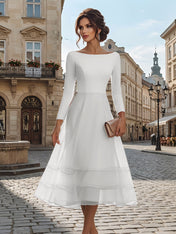 Timeless Evening Foraml Gown Blush Pink Long-Sleeve Layered Organza Midi Dress