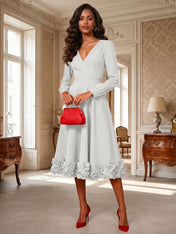 Formal Evening Gown Crimson 3D Rose Hem A-Line Midi Dress