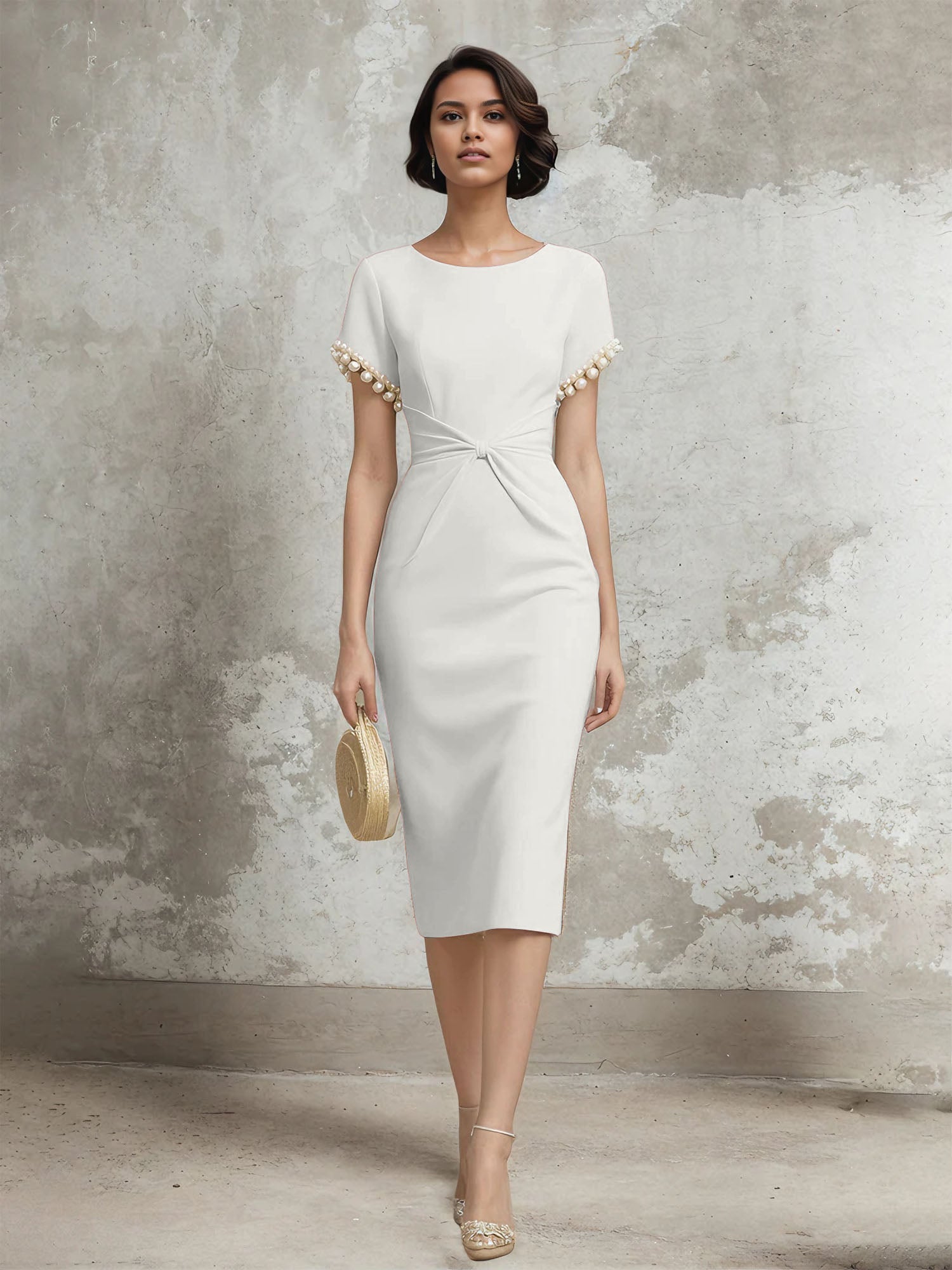 Column Short Sleeve Tea Length Dress With Pearls