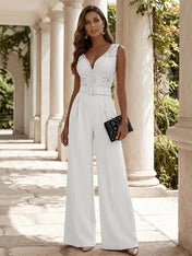 Women Pink Lace Deep V Neck Sleeveless Dressy Jumpsuit