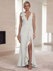 Ice Blue Bow-Accent Ruffle Slit Gown Formal Evening Dress