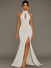 Mermaid Halter Neck Satin Formal Dress with Slit
