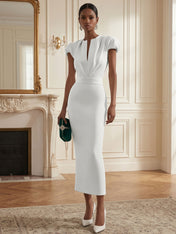 White Ruched Classic Notched Short Sleeve Puff Sleeve Sheath Midi Dress