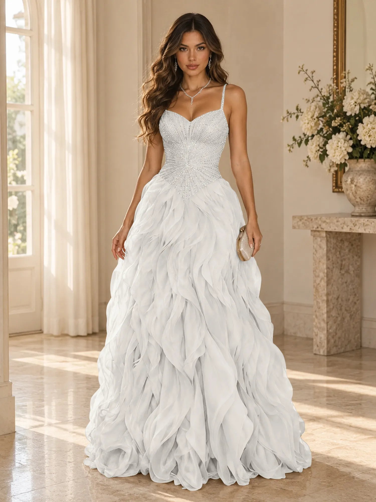 Elegant Beaded Spaghetti Strap Tiered Ruffle Ball Gown Evening Dress