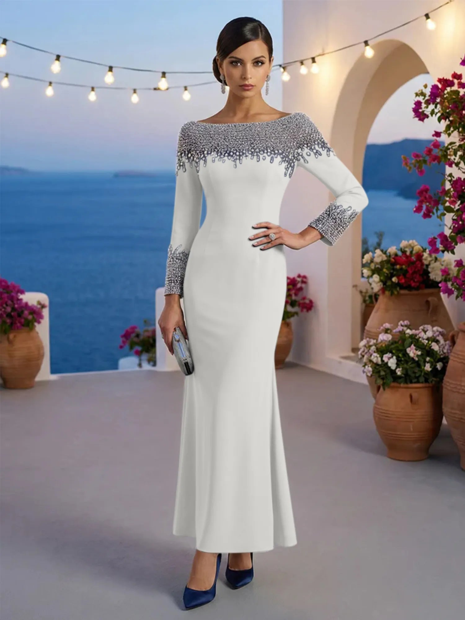 Formal Evening Dress Blue Velvet Long Sleeves Maxi Dress with Crystal