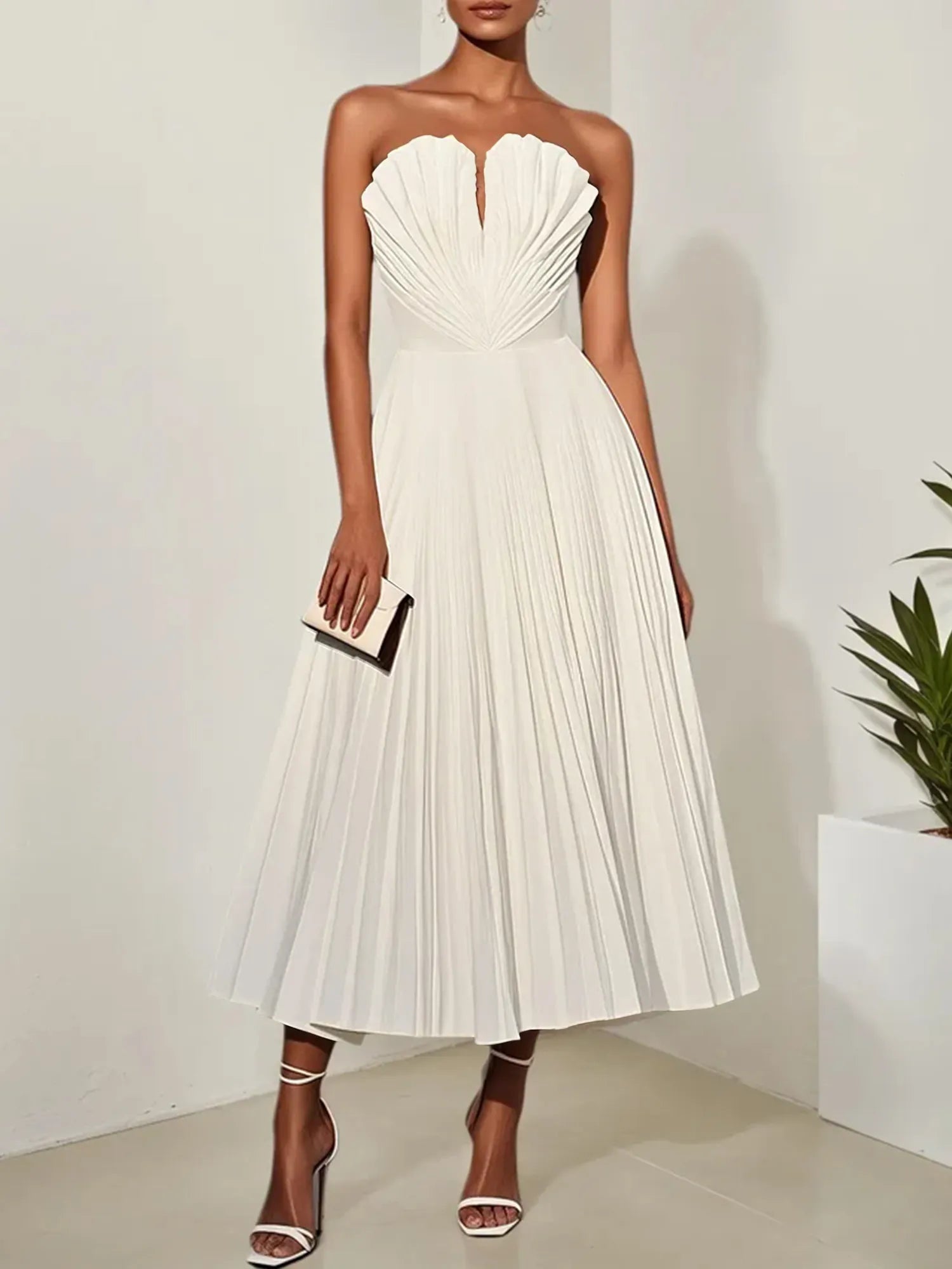 White Pleated Classic Strapless Sleeveless A-Line Midi Dress