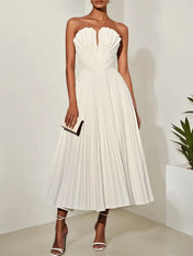 White Pleated Classic Strapless Sleeveless A-Line Midi Dress
