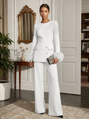 Women's White Two-Piece Set: Buckle Detail Feather-Trimmed Top & Straight-Leg Pants