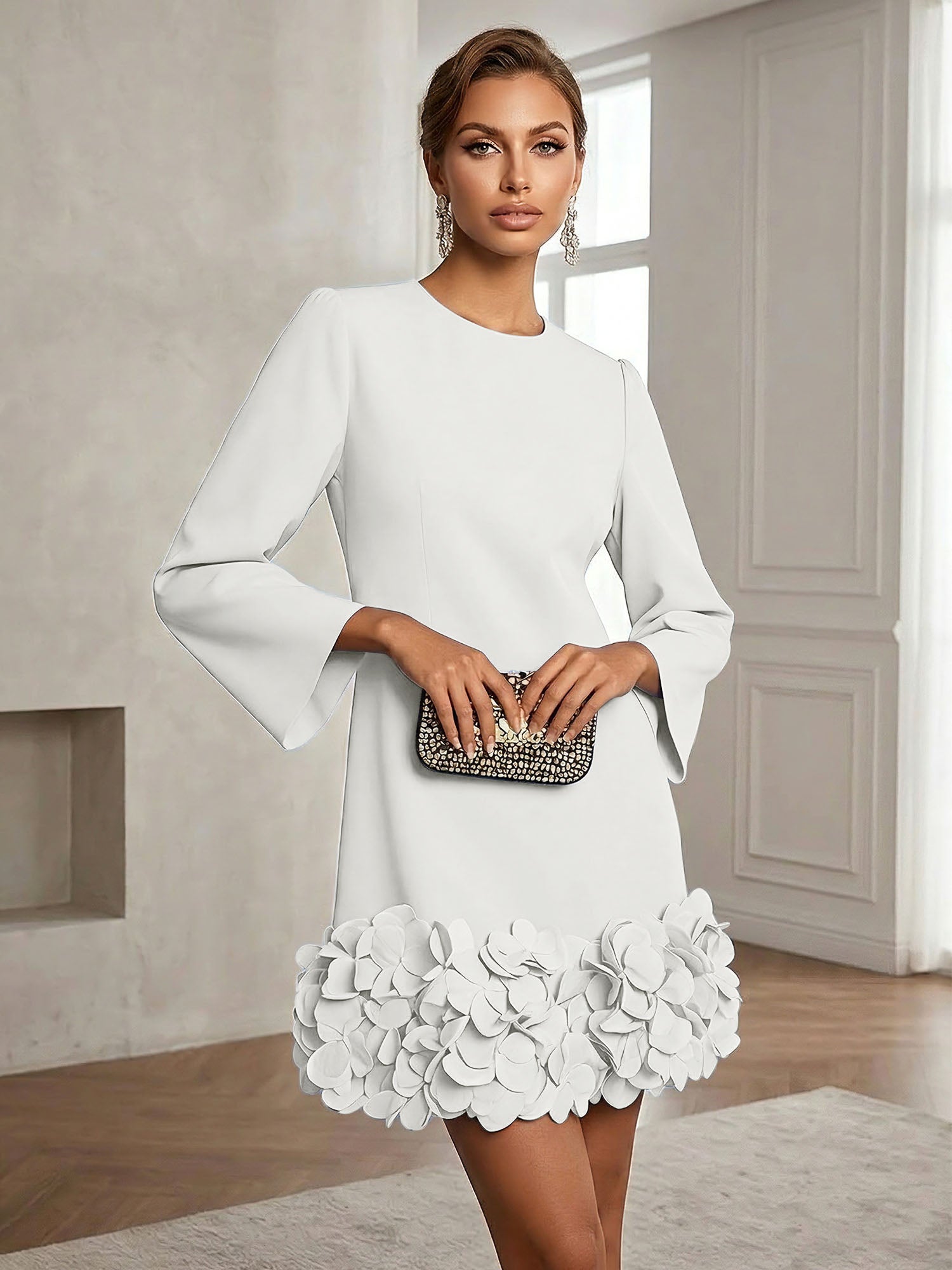 Powder Blue 3D Floral Classic Crew Neck Bell Long Sleeve Shift Mini Dress