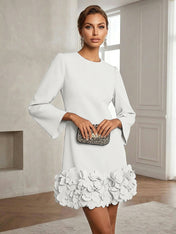 Powder Blue 3D Floral Classic Crew Neck Bell Long Sleeve Shift Mini Dress
