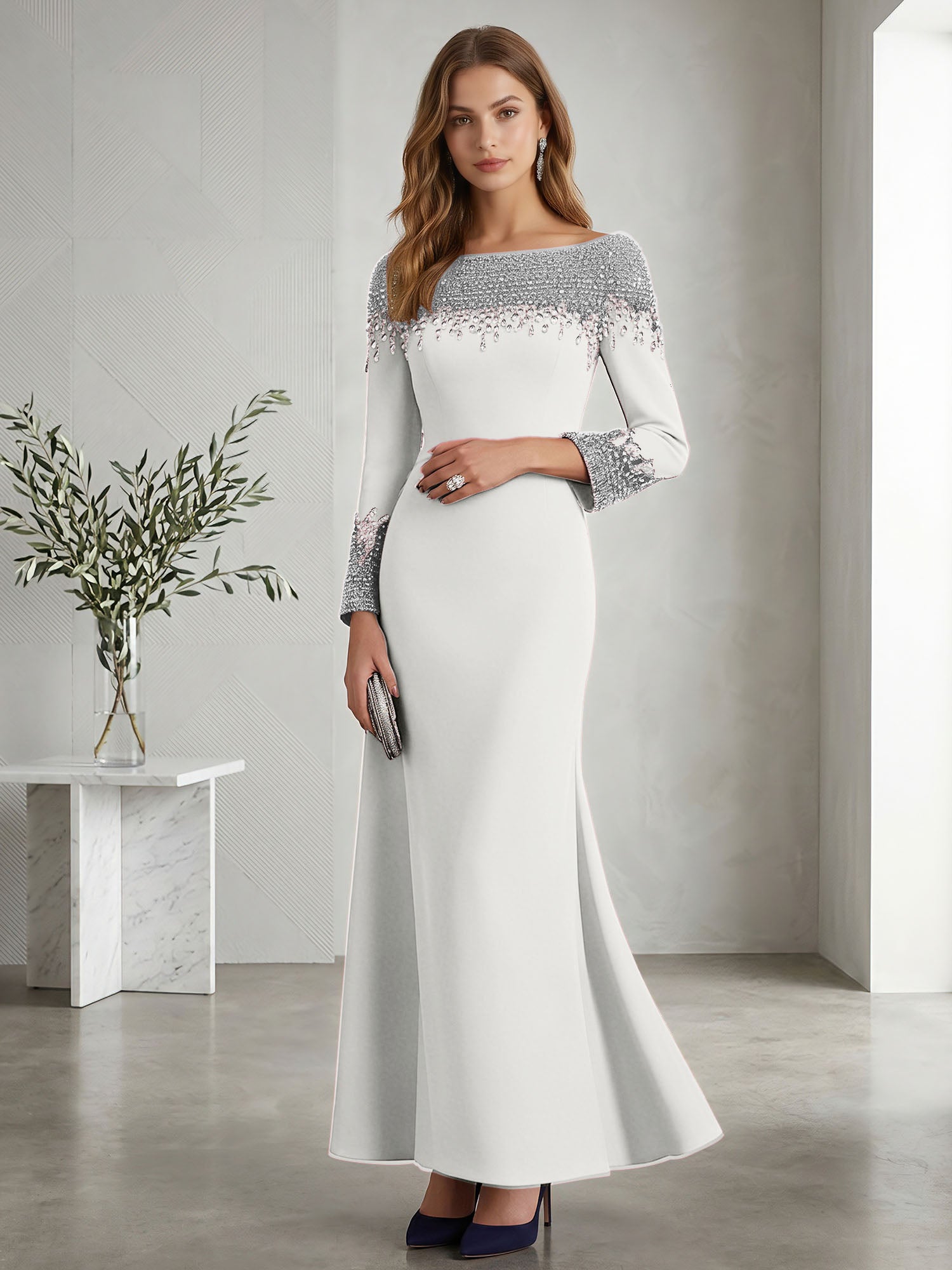 Formal Evening Dress Midnight Navy Velvet Long Sleeves Maxi Dress with Crystal