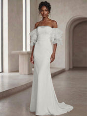 White Mermaid Off the Shoulder Ruffled Long Wedding Reception Dress