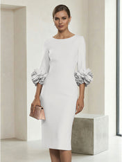 3/4 Sleeve Boat Neck Sheath Midi Dress with 3D Floral Cuffs