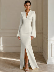 Formal Yellow V Neck Long Sleeves Floor Length Dress With Slit