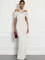 Regal Plum Crepe Column Gown with Satin Criss-Cross Halter Maxi Dress