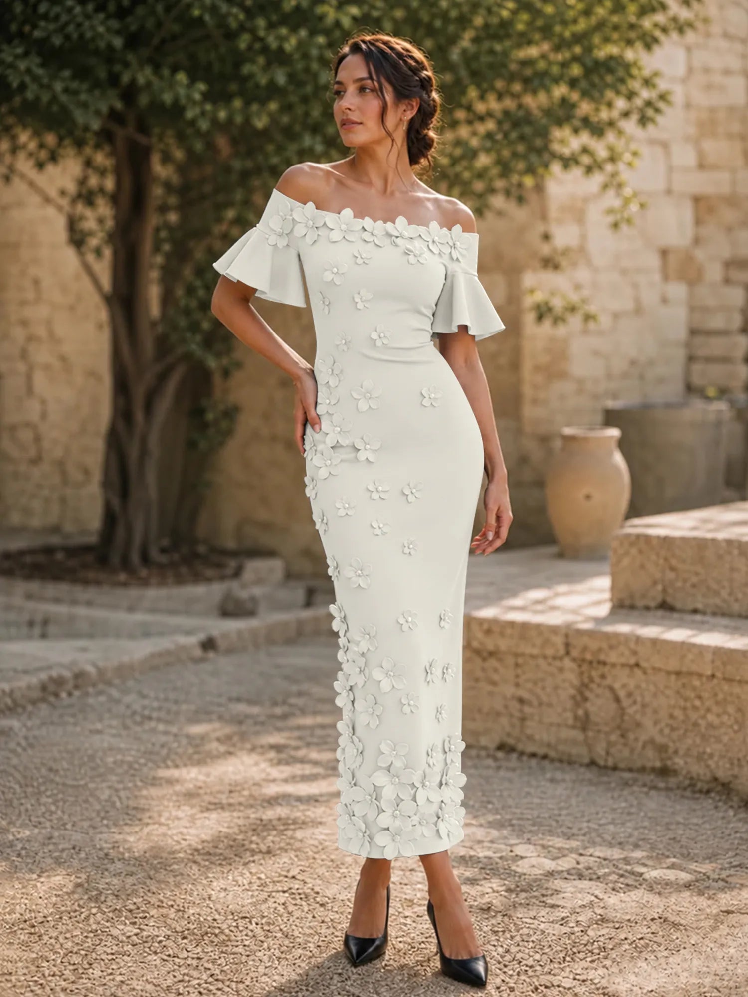 Black 3D Floral Off-The-Shoulder Ankle-Length Gown Dress