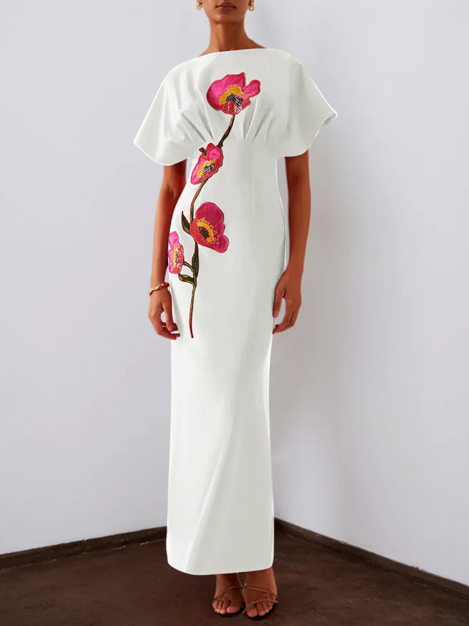Red 3D Floral Appliqué Boat Neck Short Sleeve Backless Sheath Maxi Dress