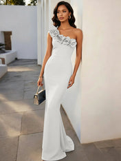Navy Blue 3D Floral Classic One Shoulder Sleeveless Mermaid Gown Dress