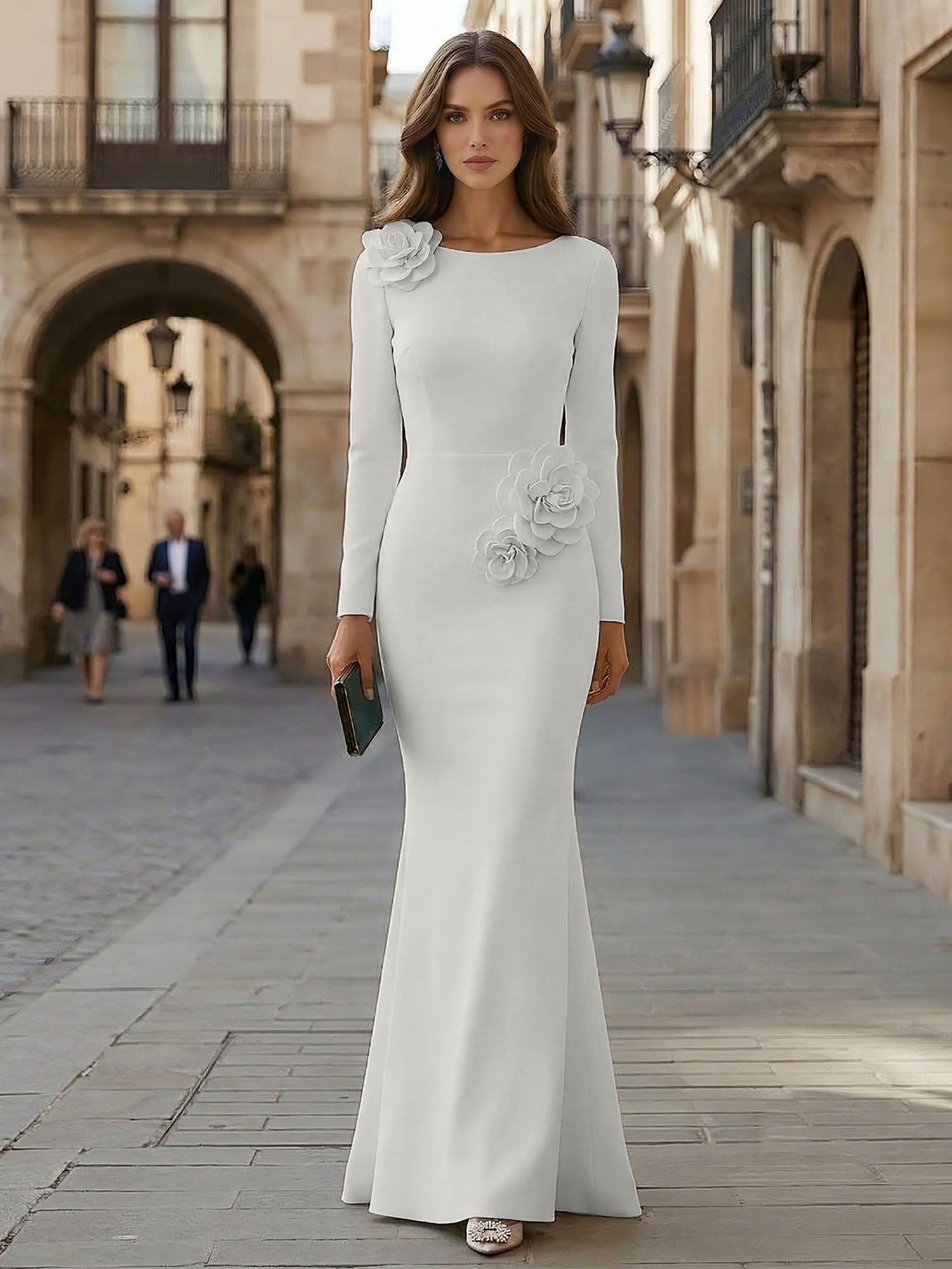Elegant Pure White Formal Evening Dress Long-Sleeve 3D Floral Crepe Maxi Dress Gown