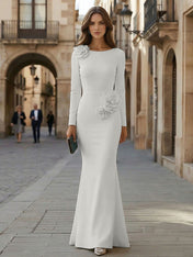 Elegant Pure White Formal Evening Dress Long-Sleeve 3D Floral Crepe Maxi Dress Gown