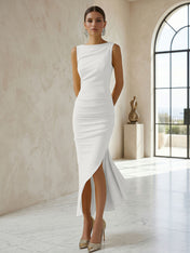 Elegant Formal Evening Gown Butter Yellow Ruched Asymmetrical Midi Dress