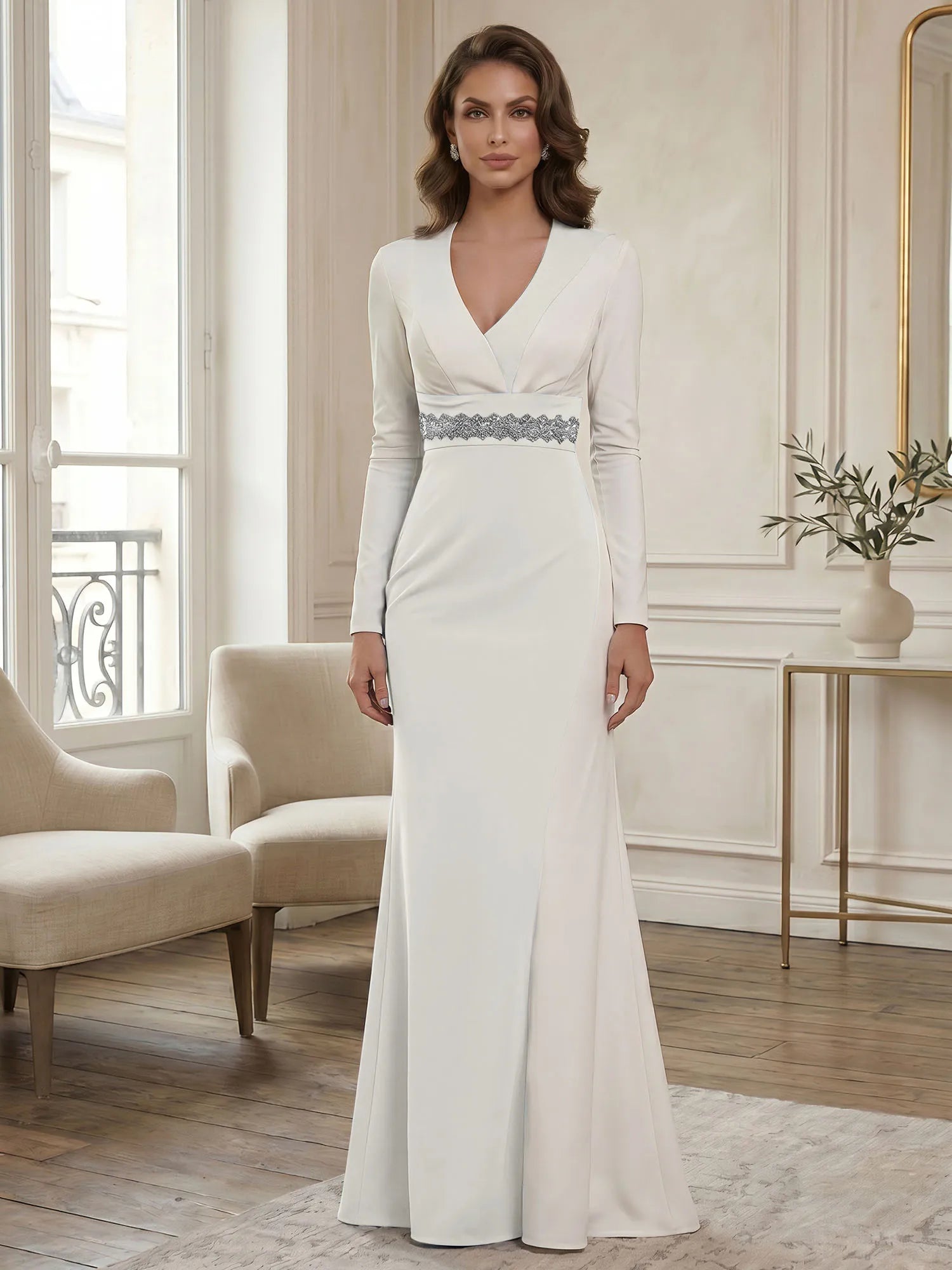 Elegant Navy & White Color-Block Long Sleeve Floor-Length Evening Gown Formal Dresses