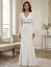Elegant Navy & White Color-Block Long Sleeve Floor-Length Evening Gown Formal Dresses