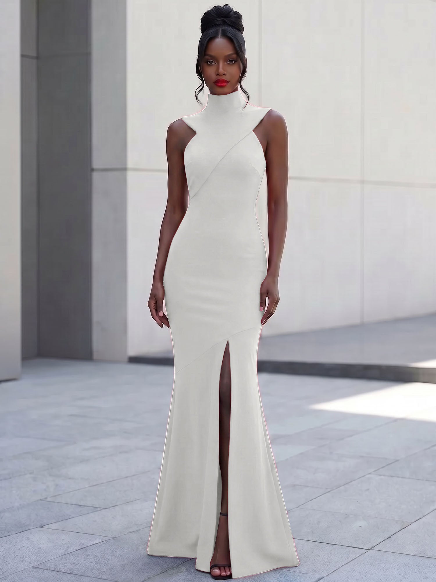 High-Neck Cross-Bodice Sleeveless Maxi Dress
