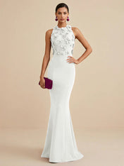 Deep Fuchsia Sleeveless High Neck 3D Floral Mermaid Formal Gown Evening Dress