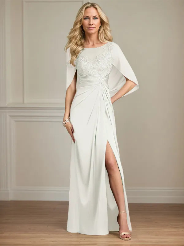 Column Satin Scoop Neck Cap Sleeves Floor Length Mother Of The Bride Dresses