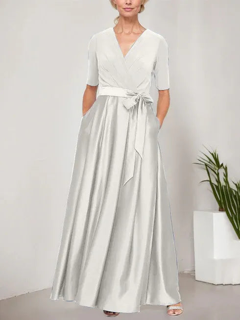 Surplice Neckline Ballgown with Full Satin Skirt & Jersey Bodice