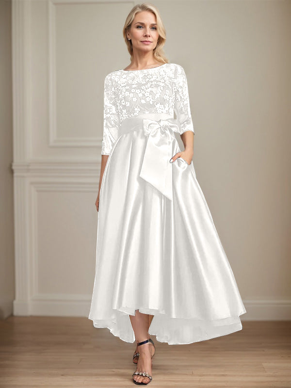 A-line Scoop Illusion Asymmetrical Satin Lace Mother of the Bride Dress With Bow