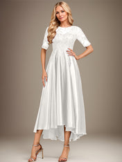 A-line Scoop Illusion Asymmetrical Stretch Satin Lace Mother of the Bride Dress With Sequins