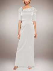 Long Shimmer Column Dress with Foldover Cuff L-Neckline and Elbow Sleeves