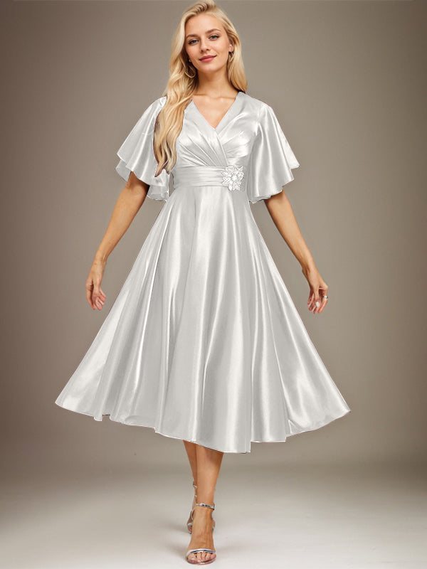 A-line V-Neck Tea-Length Stretch Satin Mother of the Bride Dress With Beading Pleated