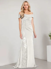 A-Line Off the Shoulder Floor-Length Mother of the Bride Dress Applique Beadings Mermaid Dress With  High Split