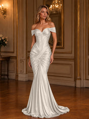 Burgundy Off-The-Shoulder Ruched Mermaid Floor-Length Gown Dress