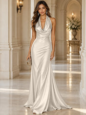 Elegant and Luxurious Cowl-neck Champagne Gold Satin Maxi Dress
