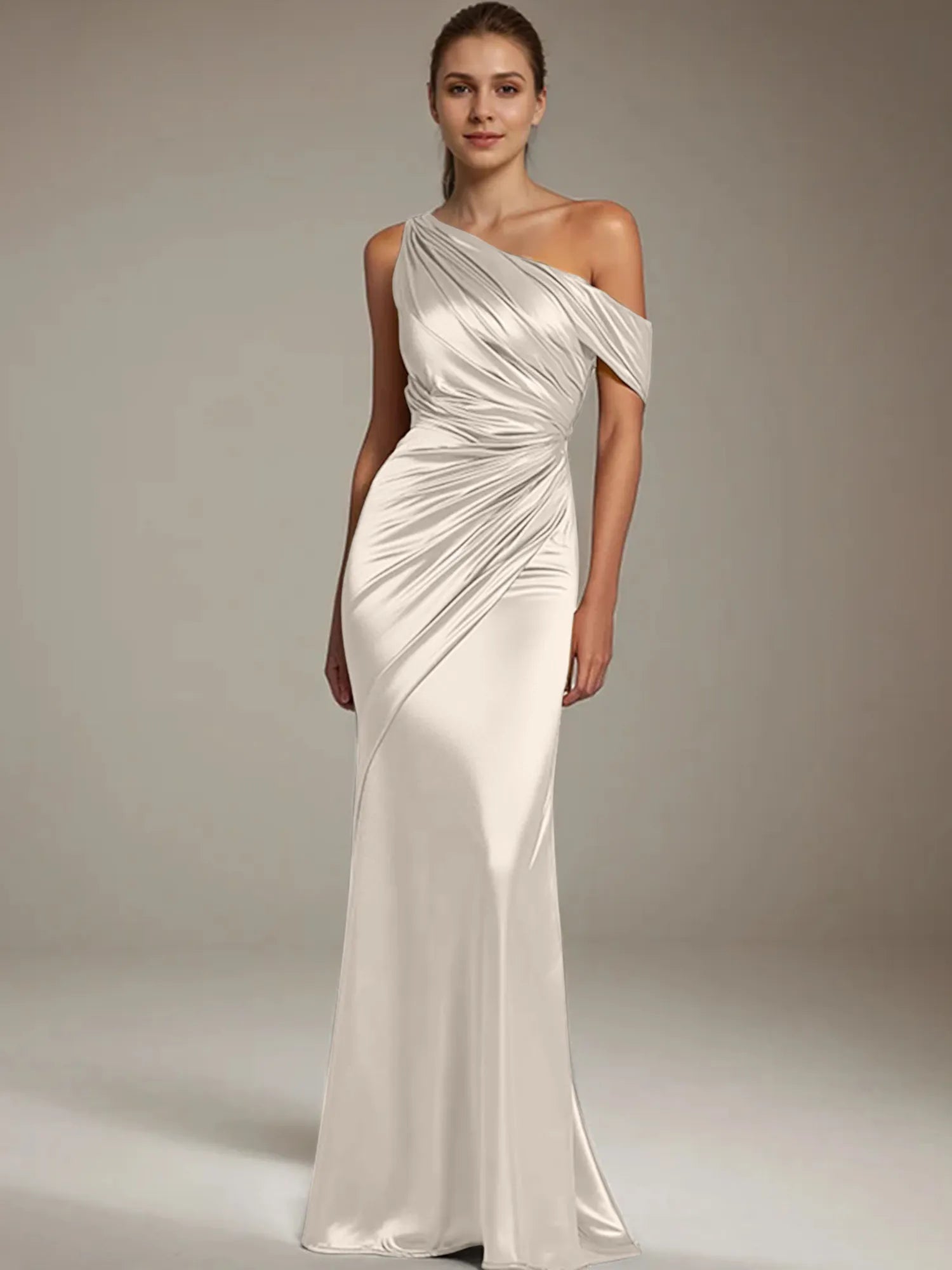 Formal Party Satin Dress Silver One-Shoulder Pleated  Floor-Length Dress