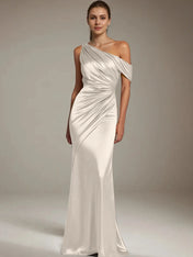 Formal Party Satin Dress Silver One-Shoulder Pleated  Floor-Length Dress