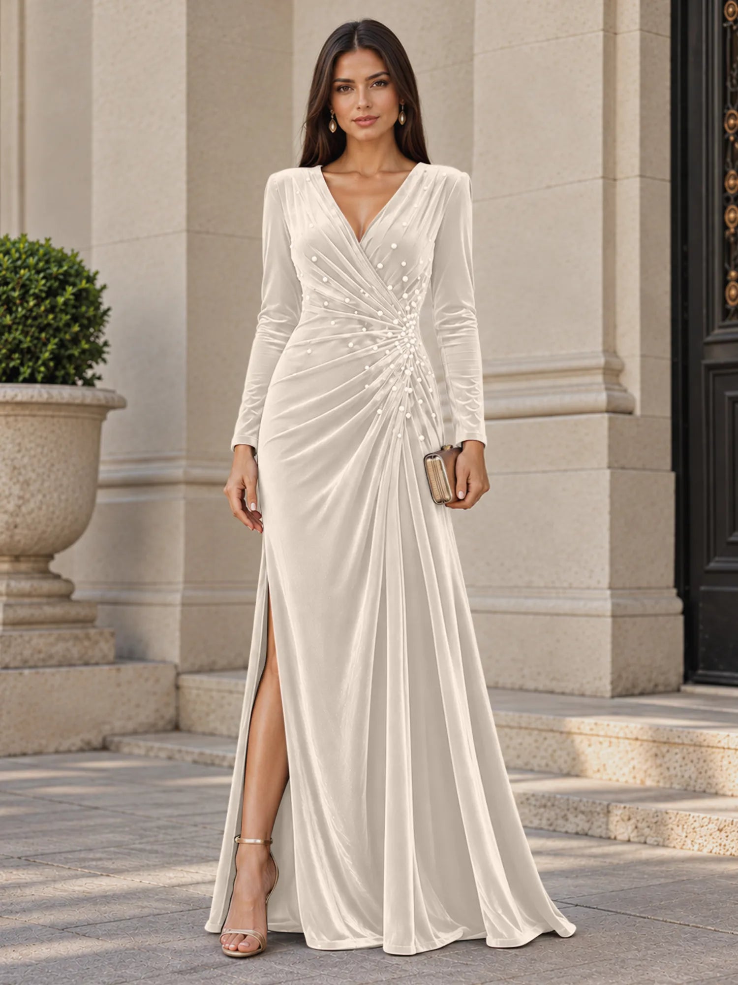 V-Neck Pearl Ruched Burgundy Velvet Floor-Length Evening Dresses with Long Sleeves