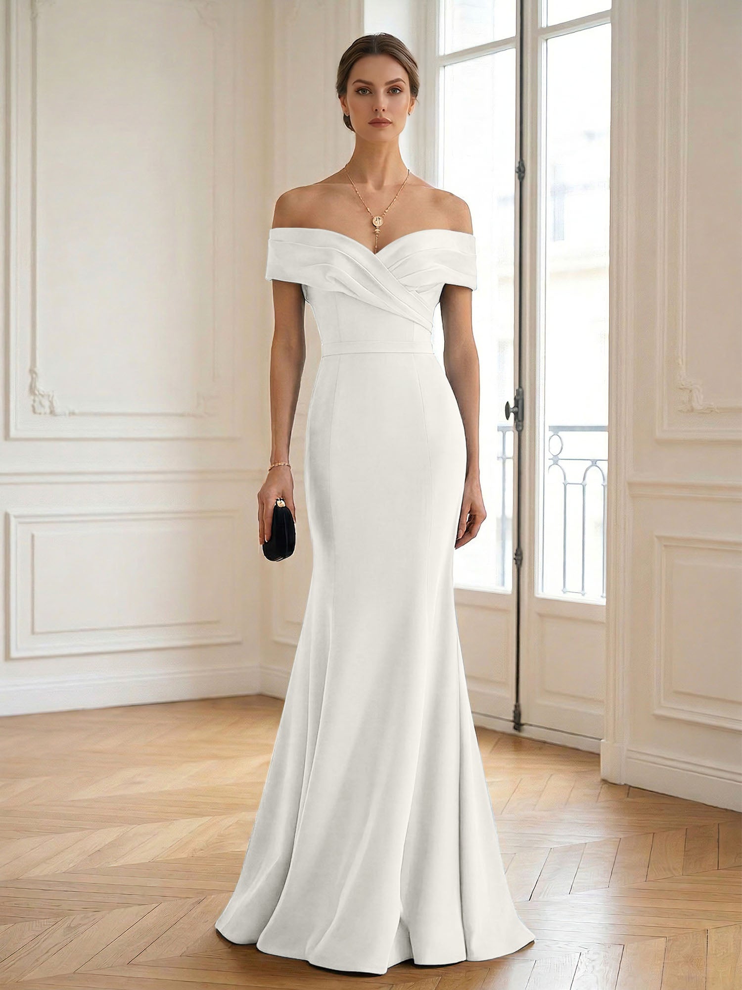 Formal Wedding Guest Dress Navy Off Shoulder Maxi Mermaid Dress