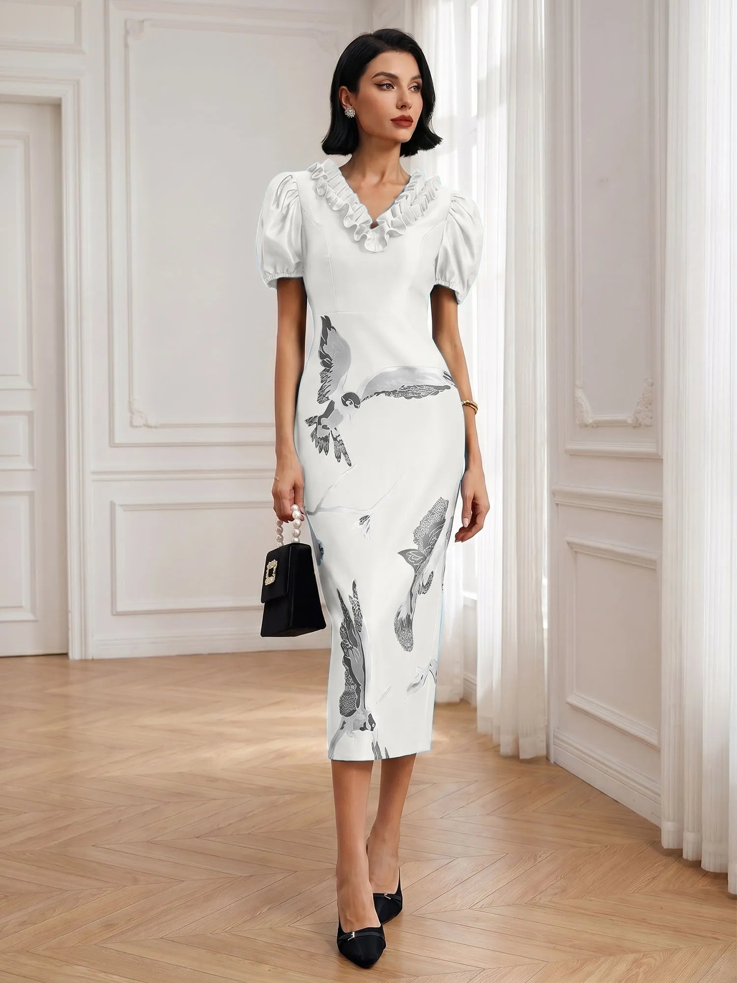 Black Folds V Neck Puff Sleeve Midi Sheath Dress