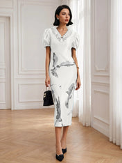 Black Folds V Neck Puff Sleeve Midi Sheath Dress