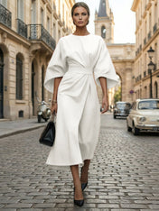 Loose Batwing Sleeve Dress Tight Waist Solid Color Elegant Dresses
