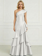 Formal Evening Dress Dark Blue One-Shoulder Satin Tiered Maxi Gown